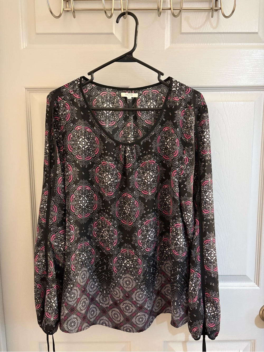 Maurices Black Blouse with Pink & White Medallion Print